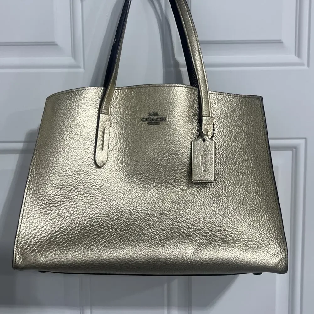 Coach Charlie Carryall Gold Metallic Leather Shoulder Bag 31037 - Picture 9 of 14